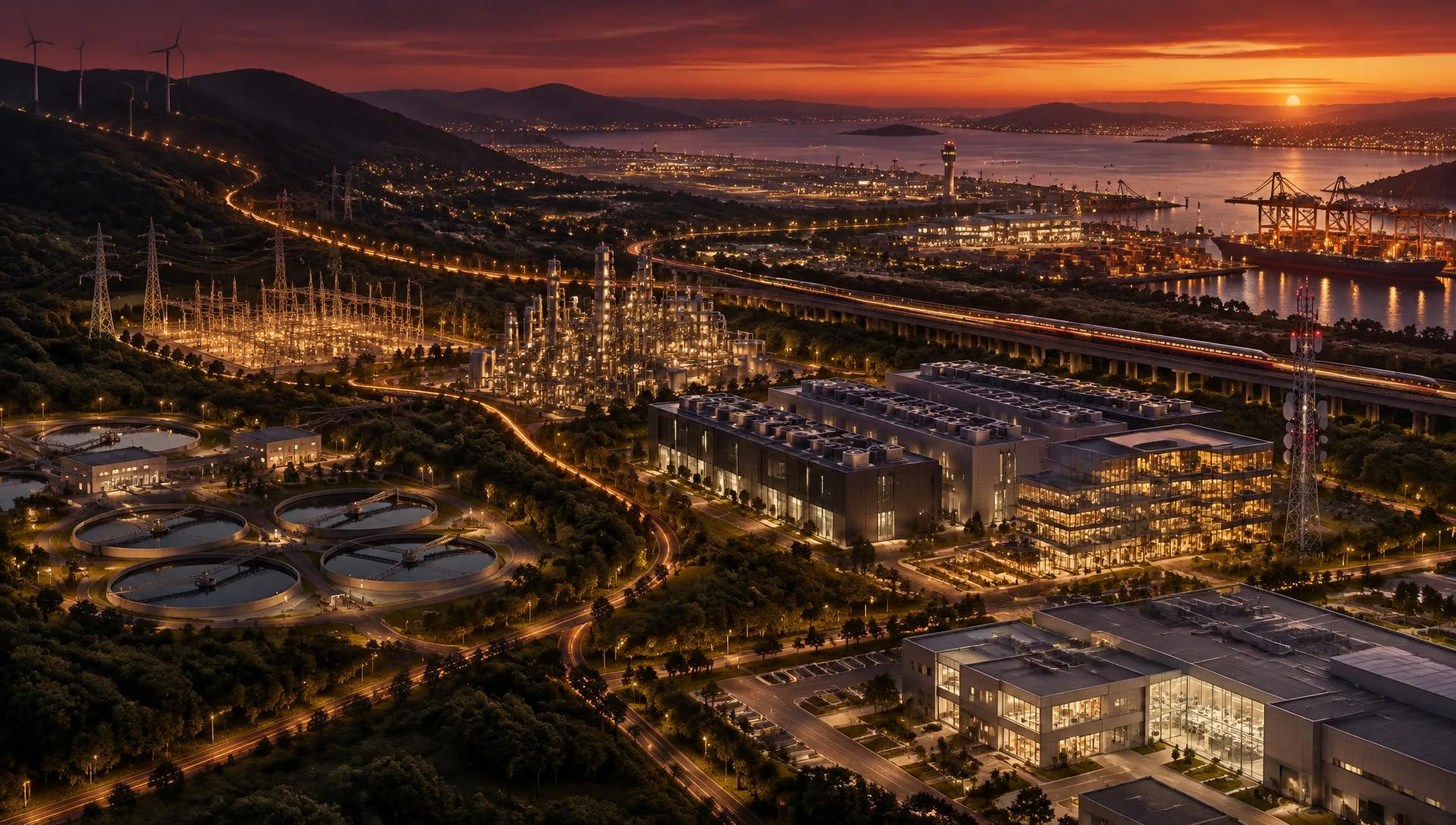 Connected industrial world at dusk — wind farm, substation, process plant, rail, port, manufacturing, data center and software office linked by a gold thread of assurance.